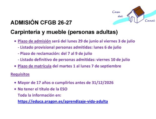 ADMISIÓN CFGB CARPINTERÍA Y MUEBLE CURSO 2026-2027